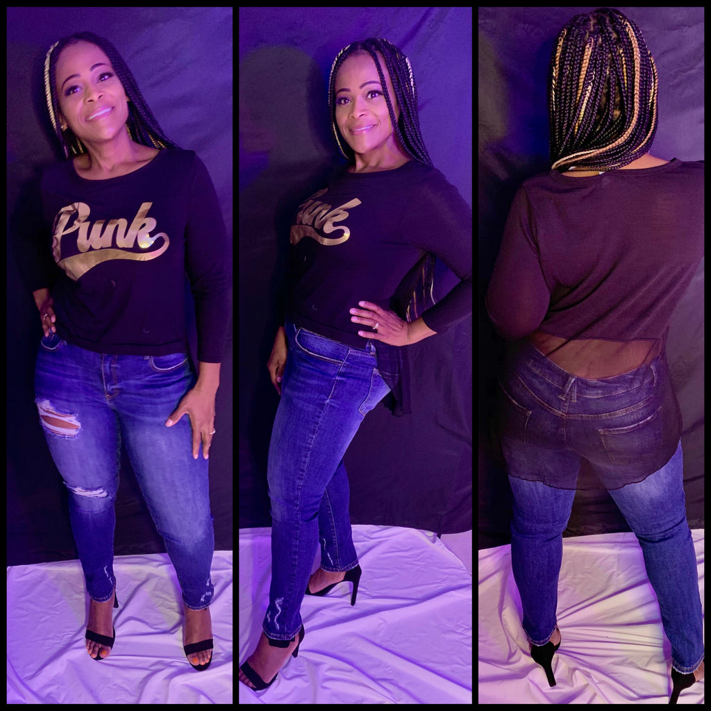 Black Gold "PUNK" Graphic Plus Size Long Sleeves Sheer Back Top