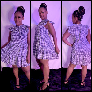 Checkered Mock Neck Tiered Dress with a frill mock neckline and ruffled cap sleeves